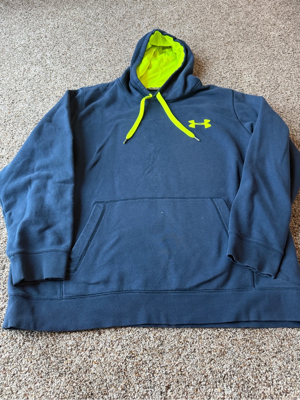 Under Armour Mens 2XL Hoodie Navy Neon Yellow Loose Fit Pullover Sweatshirt XXL